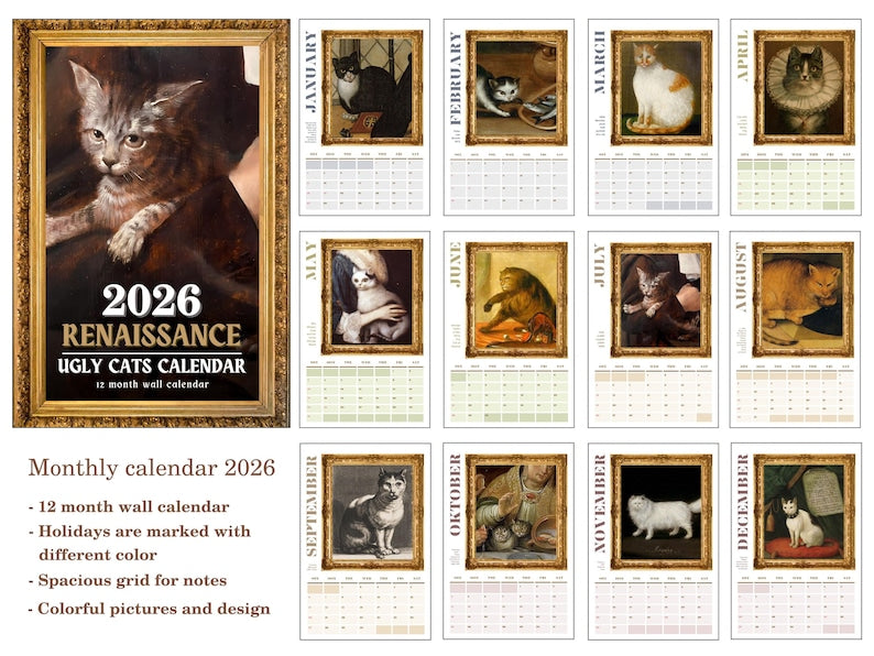 Renaissance Ugly Cats Paintings Calendar for Cat Lovers