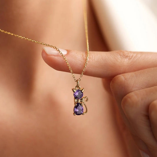 Custom Cat Bow Birthstone Necklace - Personalized Gifts For Cat Lovers