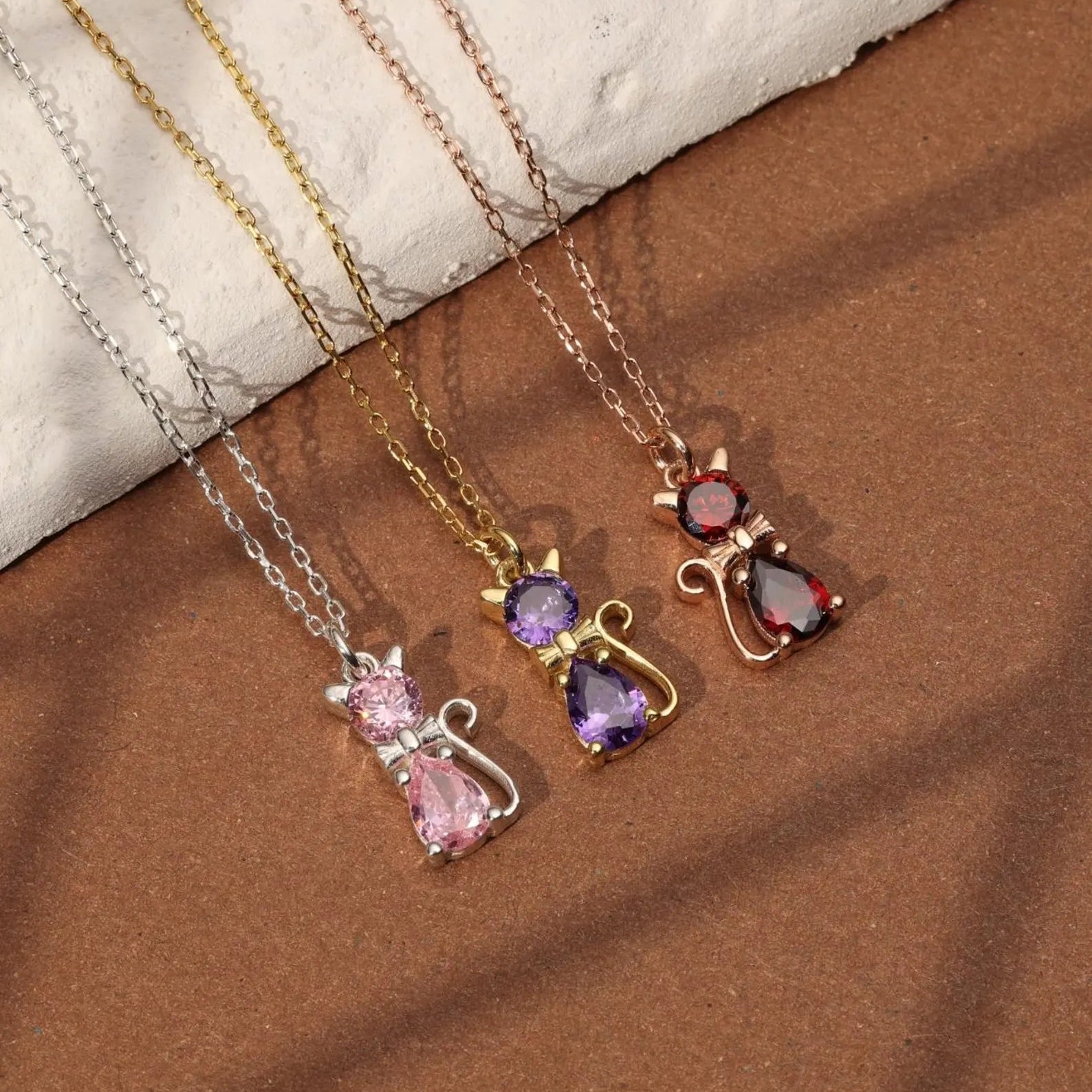 Custom Cat Bow Birthstone Necklace - Personalized Gifts For Cat Lovers