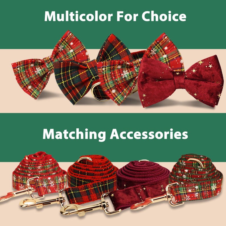 Personalize Dog Collar Leash Set with Bow Xmas Santa Collar for Puppies Engraved Pet Name