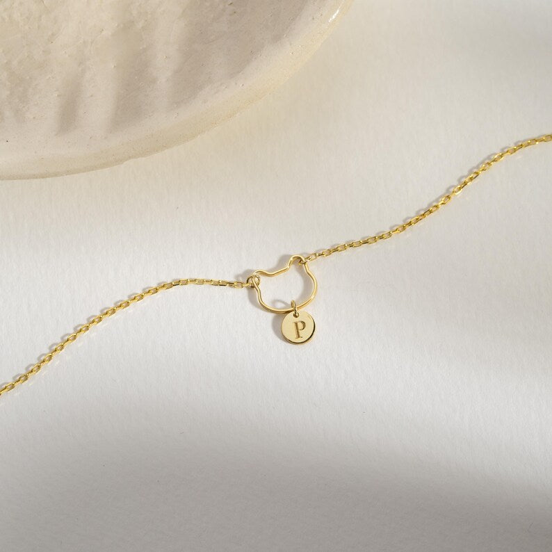 Personalized Cat Face and Initial Disc Charm Bracelet