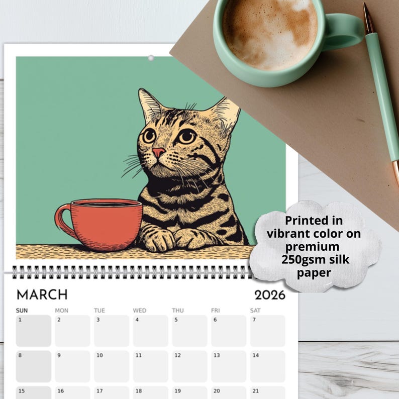 Cat Wall Calendar 2026 Cats Chillin' with Coffee