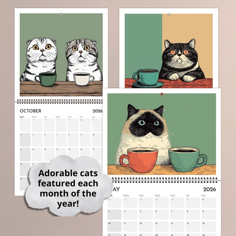 Cat Wall Calendar 2026 Cats Chillin' with Coffee