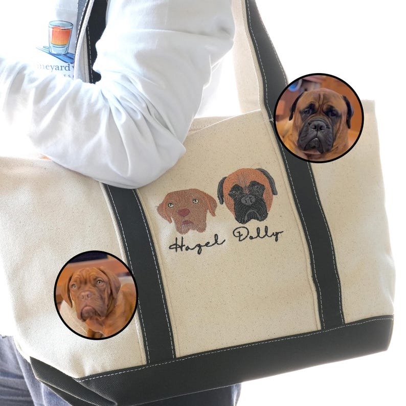 Embroidered Custom Pet Face Canvas Tote Bag using Pet Photo