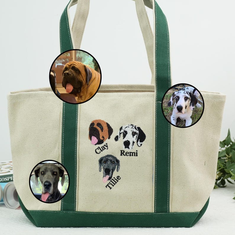 Embroidered Custom Pet Face Canvas Tote Bag using Pet Photo