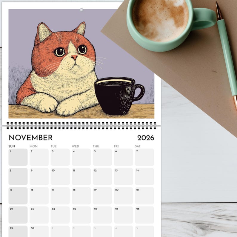 Cat Wall Calendar 2026 Cats Chillin' with Coffee