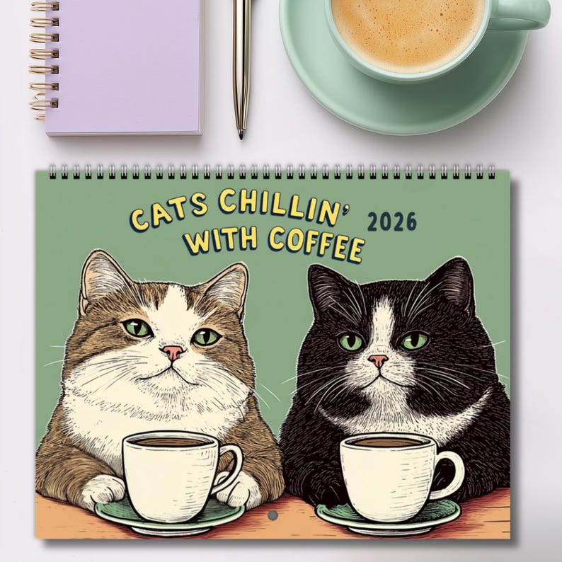 Cat Wall Calendar 2026 Cats Chillin' with Coffee