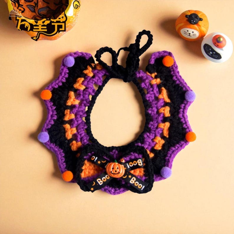 Hand-Knitted Halloween Pet Collar: Pumpkin, Ghost & Bat Costume
