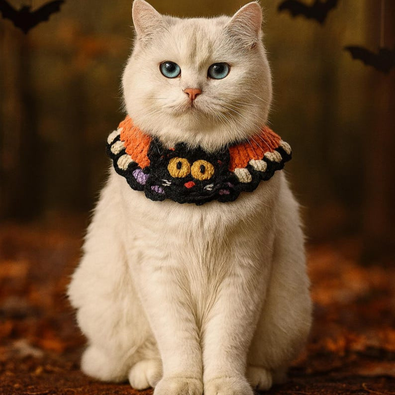Hand-Knitted Halloween Pet Collar: Pumpkin, Ghost & Bat Costume