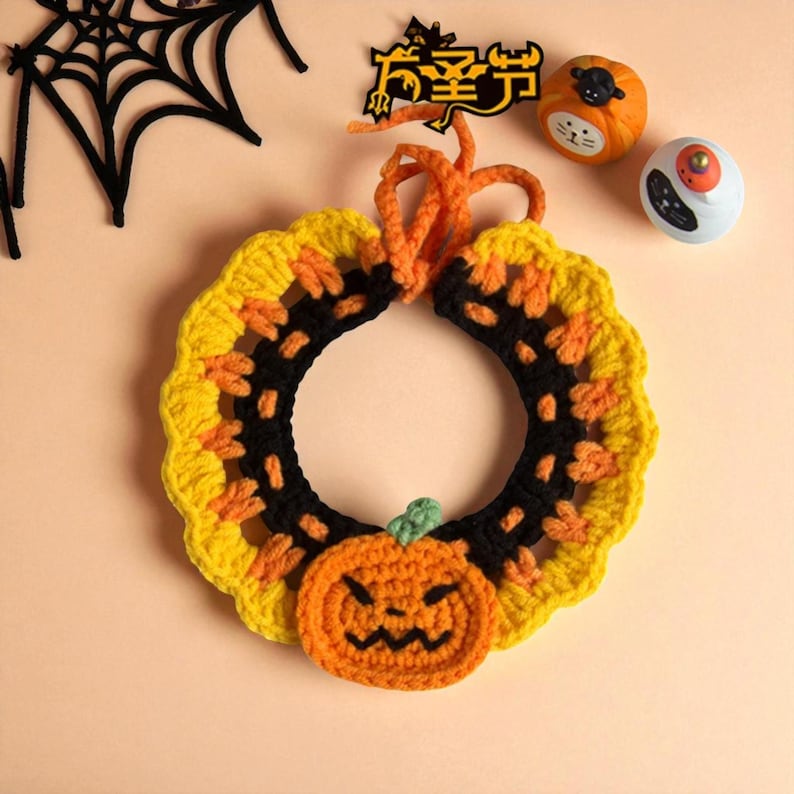 Hand-Knitted Halloween Pet Collar: Pumpkin, Ghost & Bat Costume