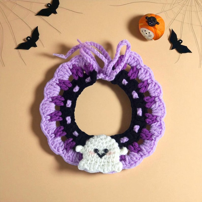 Hand-Knitted Halloween Pet Collar: Pumpkin, Ghost & Bat Costume