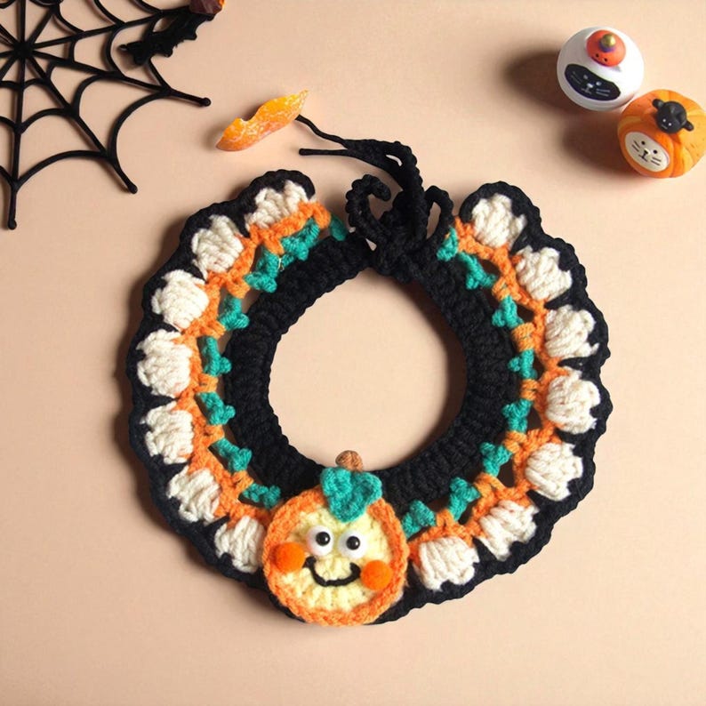 Hand-Knitted Halloween Pet Collar: Pumpkin, Ghost & Bat Costume