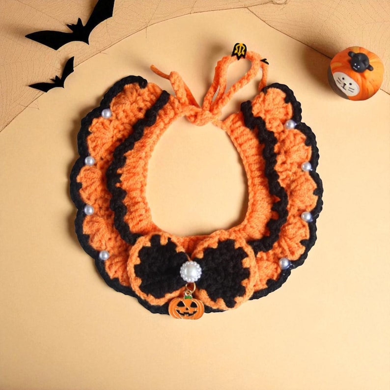 Hand-Knitted Halloween Pet Collar: Pumpkin, Ghost & Bat Costume