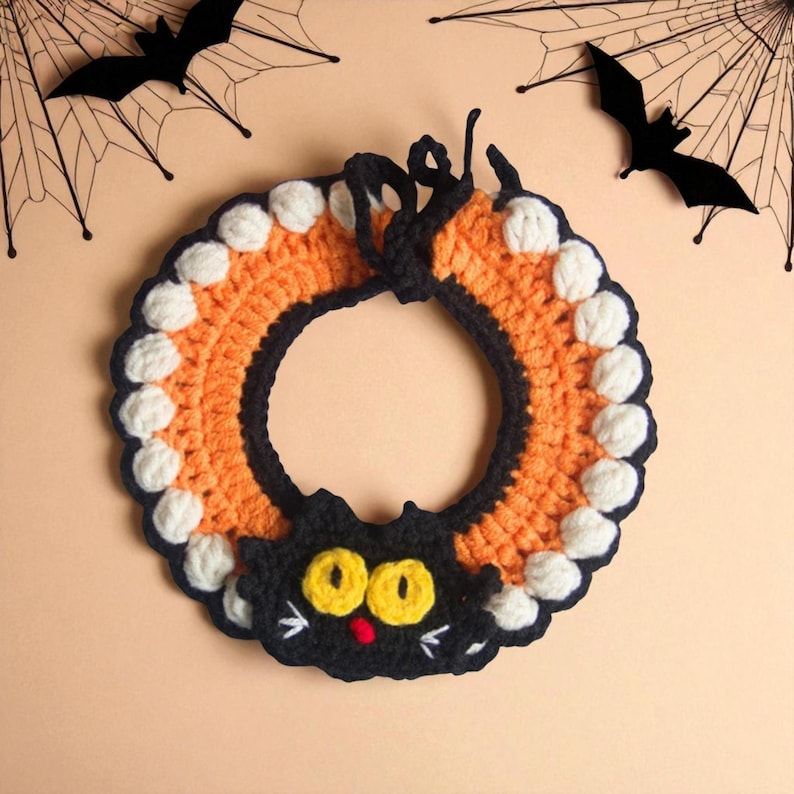 Hand-Knitted Halloween Pet Collar: Pumpkin, Ghost & Bat Costume