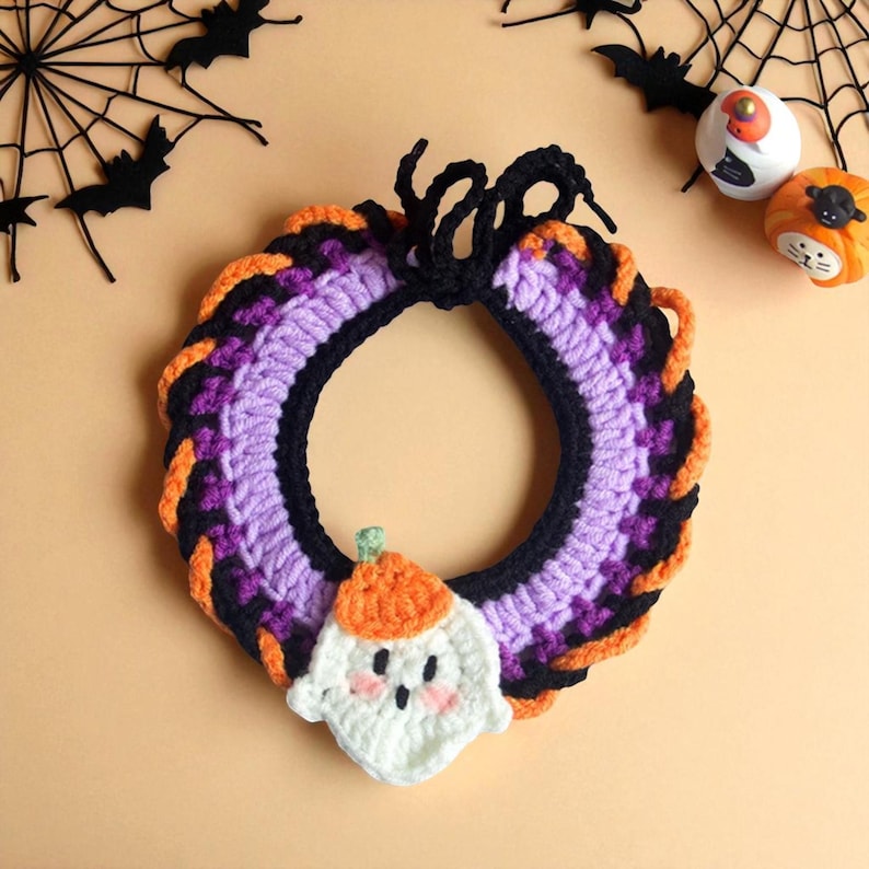 Hand-Knitted Halloween Pet Collar: Pumpkin, Ghost & Bat Costume