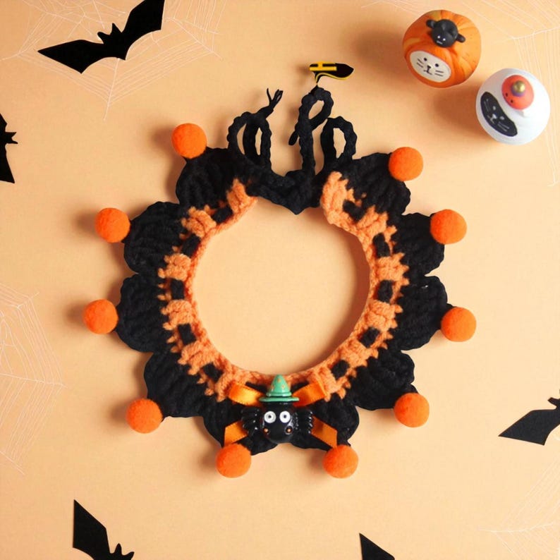 Hand-Knitted Halloween Pet Collar: Pumpkin, Ghost & Bat Costume