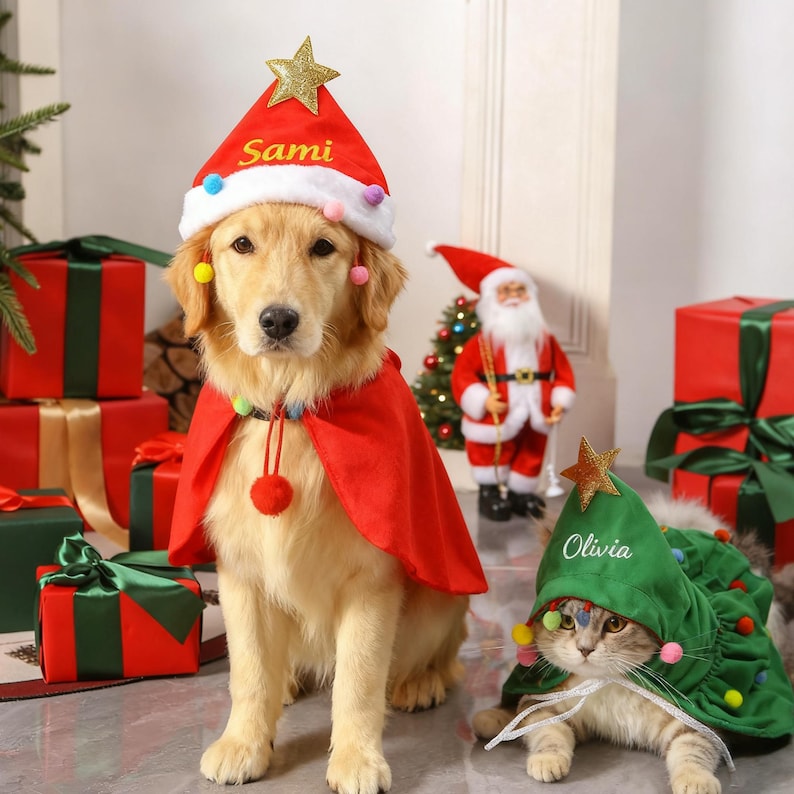 Personalized Christmas Cat Dog Name Cape Clothes
