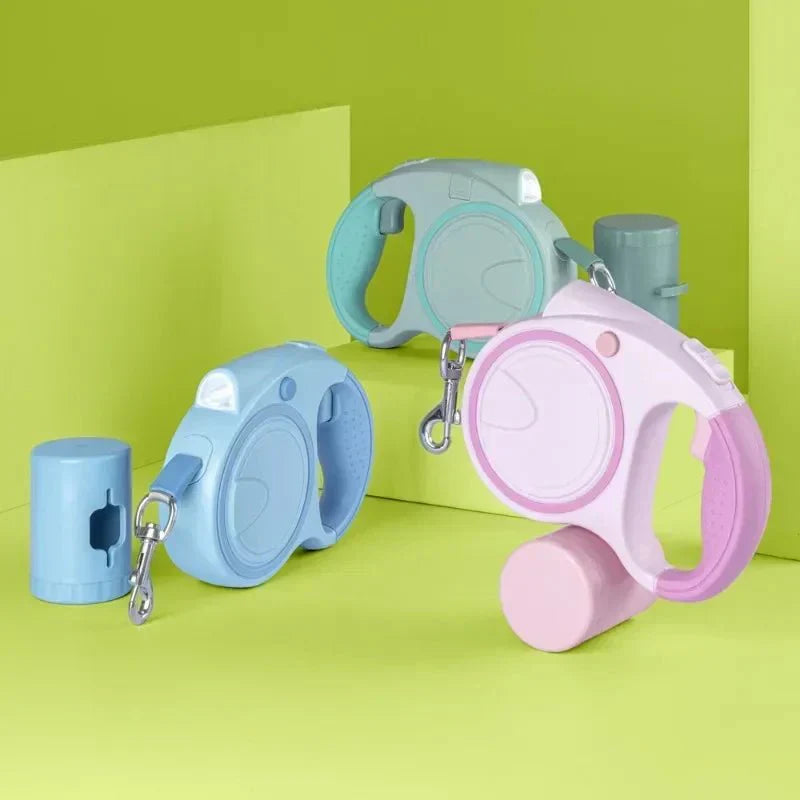 Multifunctional Retractable Dog Leash with LED Light & Poop Bag Dispenser