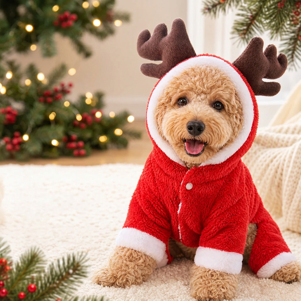 Christmas Reindeer Hooded Flannel Jumpsuit for Small Dogs and Cats